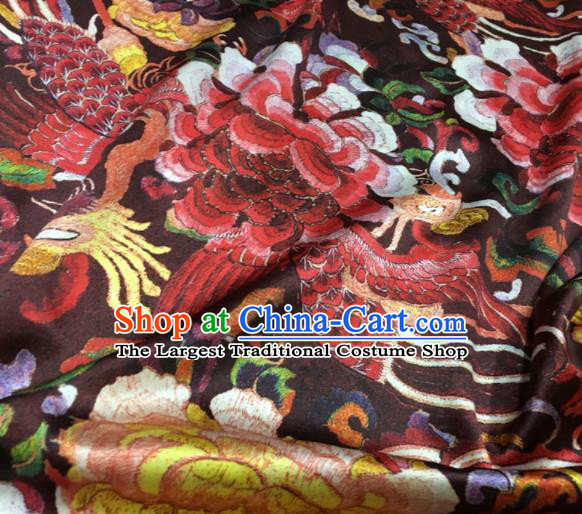 Asian Chinese Classical Phoenix Peony Pattern Dark Red Brocade Satin Drapery Traditional Cheongsam Brocade Silk Fabric