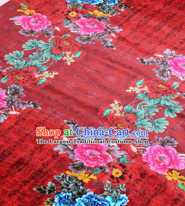 Asian Chinese Classical Peony Pattern Red Gambiered Guangdong Gauze Traditional Cheongsam Brocade Silk Fabric