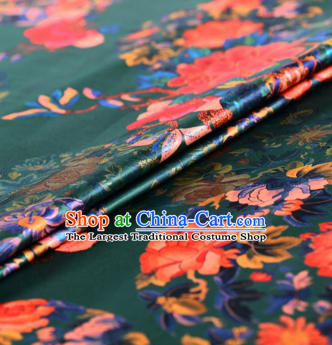 Asian Chinese Classical Peony Chrysanthemum Pattern Green Gambiered Guangdong Gauze Traditional Cheongsam Brocade Silk Fabric