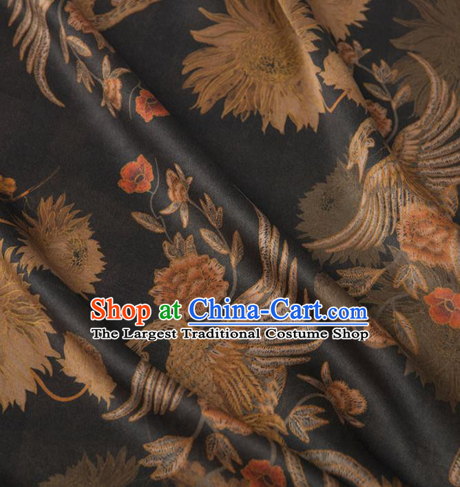 Asian Chinese Classical Phoenix Peony Pattern Black Brocade Satin Drapery Traditional Cheongsam Brocade Silk Fabric