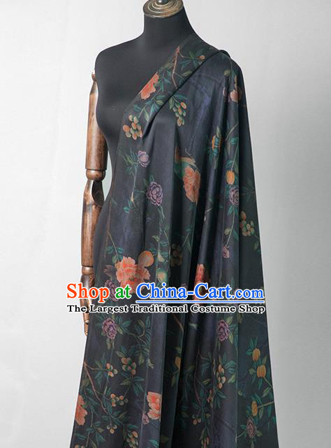 Asian Chinese Classical Peony Pattern Navy Brocade Satin Drapery Traditional Cheongsam Brocade Silk Fabric