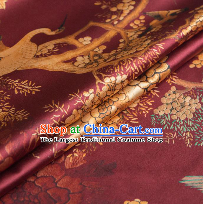 Asian Chinese Classical Crane Pattern Wine Red Brocade Satin Drapery Traditional Cheongsam Brocade Silk Fabric