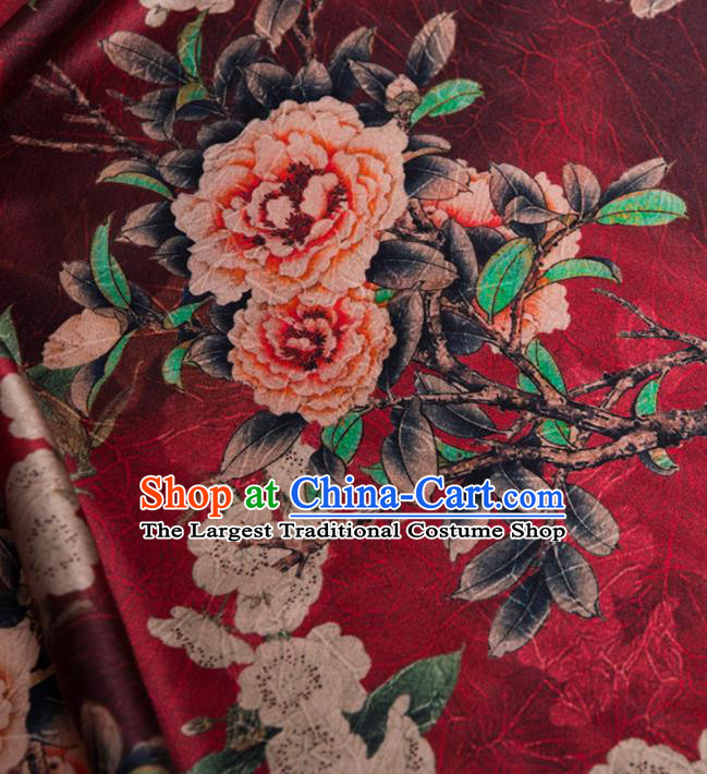 Asian Chinese Classical Plum Peony Pattern Wine Red Brocade Satin Drapery Traditional Cheongsam Brocade Silk Fabric