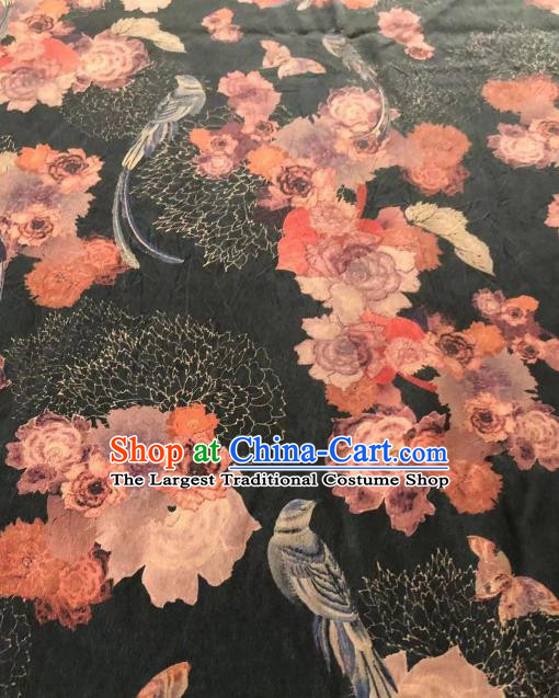 Asian Chinese Classical Peony Pattern Black Satin Drapery Gambiered Guangdong Gauze Brocade Traditional Cheongsam Brocade Silk Fabric