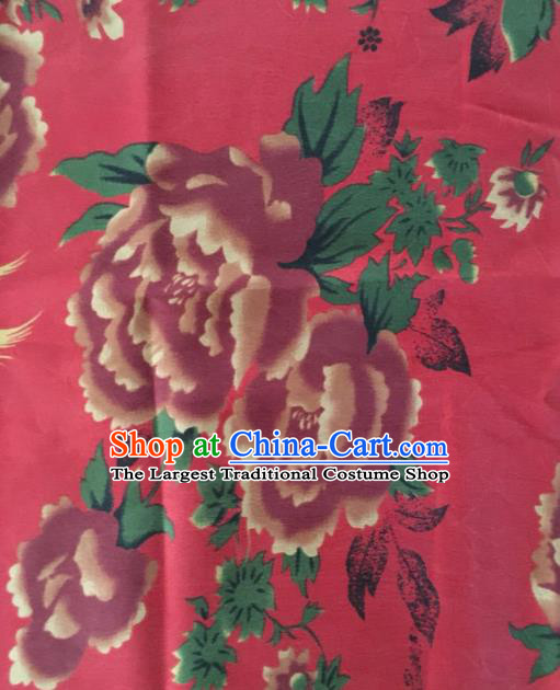 Asian Chinese Classical Peony Pattern Red Satin Drapery Gambiered Guangdong Gauze Brocade Traditional Cheongsam Brocade Silk Fabric