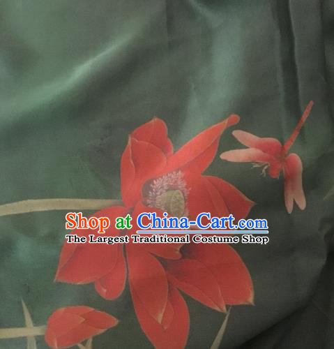 Asian Chinese Classical Lotus Bamboo Pattern Black Satin Drapery Gambiered Guangdong Gauze Brocade Traditional Cheongsam Brocade Silk Fabric