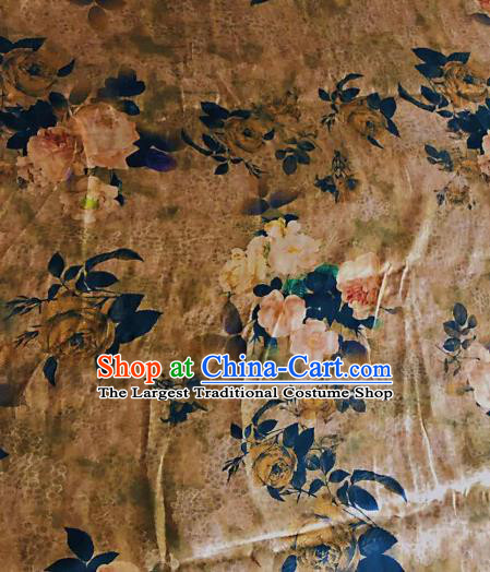 Asian Chinese Classical Roses Pattern Khaki Satin Drapery Gambiered Guangdong Gauze Brocade Traditional Cheongsam Brocade Silk Fabric