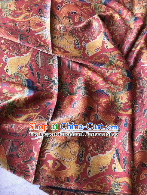 Asian Chinese Classical Phoenix Peony Pattern Wine Red Satin Drapery Gambiered Guangdong Gauze Brocade Traditional Cheongsam Brocade Silk Fabric