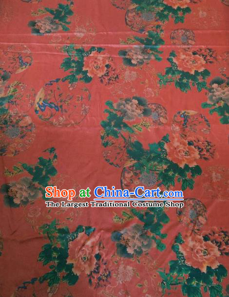 Asian Chinese Classical Peony Flowers Pattern Red Satin Drapery Gambiered Guangdong Gauze Brocade Traditional Cheongsam Brocade Silk Fabric