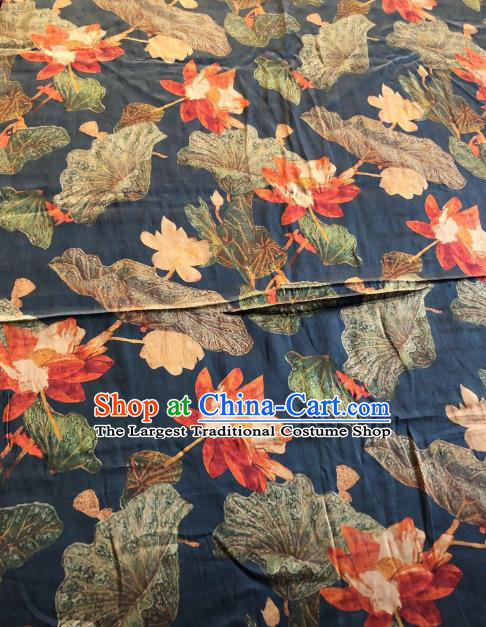 Asian Chinese Classical Lotus Pattern Navy Satin Drapery Gambiered Guangdong Gauze Brocade Traditional Cheongsam Brocade Silk Fabric