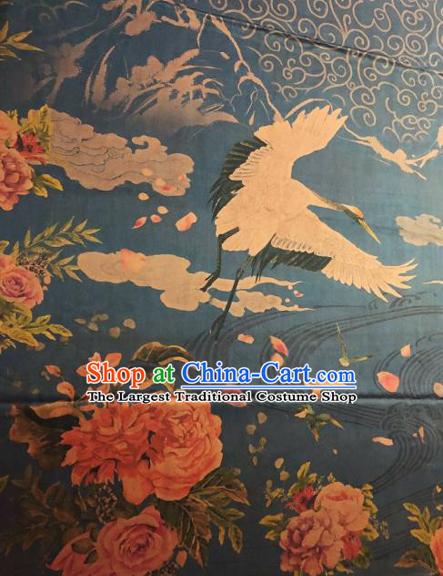 Asian Chinese Classical Crane Roses Pattern Navy Satin Drapery Gambiered Guangdong Gauze Brocade Traditional Cheongsam Brocade Silk Fabric