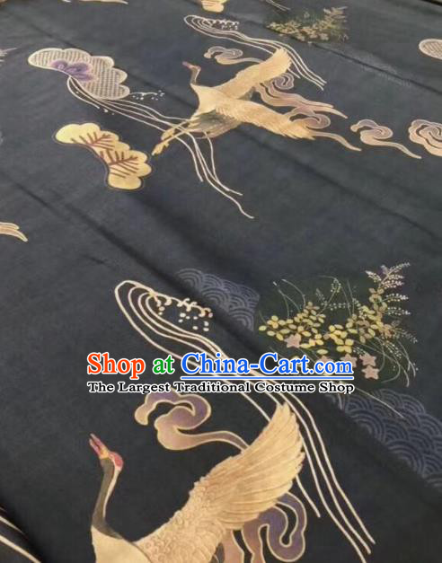 Asian Chinese Classical Cranes Pattern Black Satin Drapery Gambiered Guangdong Gauze Brocade Traditional Cheongsam Brocade Silk Fabric