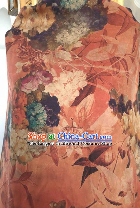 Asian Chinese Classical Flowers Pattern Orange Satin Drapery Gambiered Guangdong Gauze Brocade Traditional Cheongsam Brocade Silk Fabric