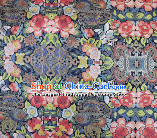 Asian Chinese Classical Peony Pattern Blue Satin Drapery Gambiered Guangdong Gauze Brocade Traditional Cheongsam Brocade Silk Fabric