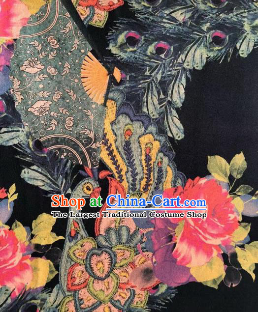 Asian Chinese Classical Peacock Peony Pattern Black Satin Drapery Gambiered Guangdong Gauze Brocade Traditional Cheongsam Brocade Silk Fabric