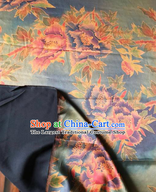 Asian Chinese Classical Peony Pattern Blue Satin Drapery Gambiered Guangdong Gauze Brocade Traditional Cheongsam Brocade Silk Fabric