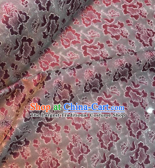 Asian Chinese Classical Peony Pattern Amaranth Satin Drapery Gambiered Guangdong Gauze Brocade Traditional Cheongsam Brocade Silk Fabric