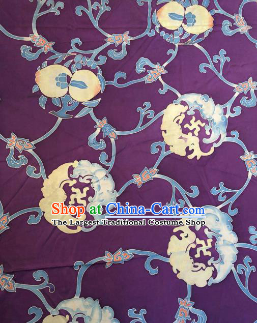 Asian Chinese Classical Longevity Peach Pattern Purple Satin Drapery Gambiered Guangdong Gauze Brocade Traditional Cheongsam Brocade Silk Fabric