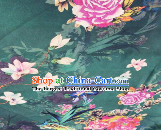 Asian Chinese Classical Peony Pattern Atrovirens Satin Drapery Gambiered Guangdong Gauze Brocade Traditional Cheongsam Brocade Silk Fabric