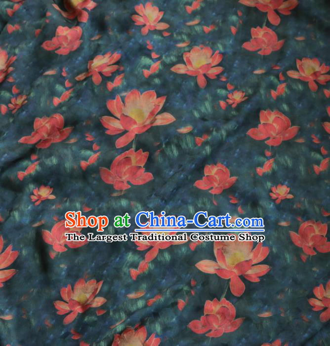 Asian Chinese Classical Lotus Pattern Atrovirens Gambiered Guangdong Gauze Satin Drapery Brocade Traditional Cheongsam Brocade Silk Fabric