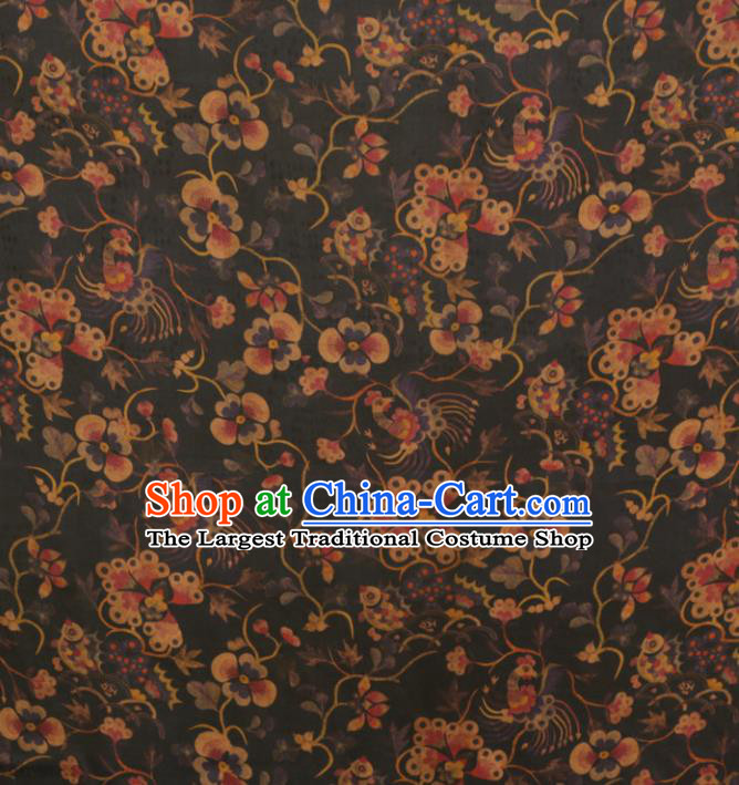 Asian Chinese Classical Phoenix Flowers Pattern Black Gambiered Guangdong Gauze Satin Drapery Brocade Traditional Cheongsam Brocade Silk Fabric