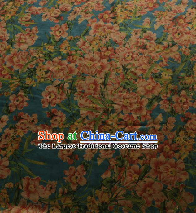 Asian Chinese Classical Flowers Pattern Blue Gambiered Guangdong Gauze Satin Drapery Brocade Traditional Cheongsam Brocade Silk Fabric