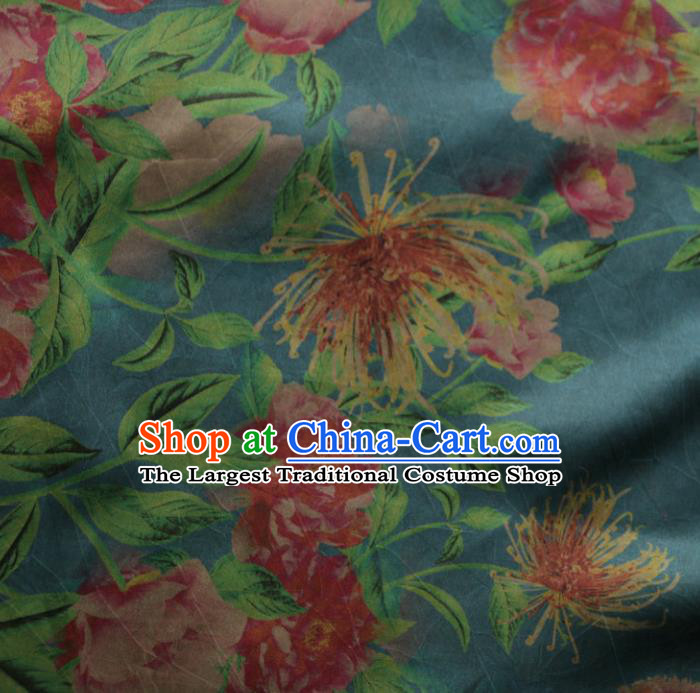 Asian Chinese Classical Peony Pattern Blue Gambiered Guangdong Gauze Satin Drapery Brocade Traditional Cheongsam Brocade Silk Fabric