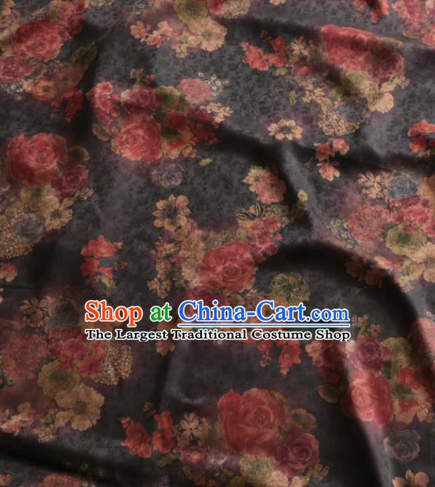 Asian Chinese Classical Roses Pattern Black Gambiered Guangdong Gauze Satin Drapery Brocade Traditional Cheongsam Brocade Silk Fabric