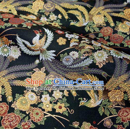 Japanese Traditional Kimono Classical Phoenix Peony Pattern Black Brocade Damask Asian Japan Satin Drapery Silk Fabric