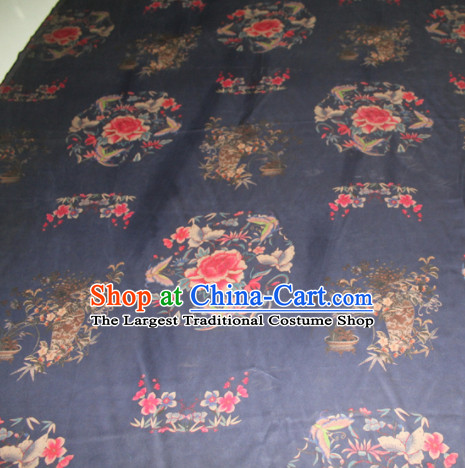 Asian Chinese Cheongsam Classical Peony Orchid Pattern Navy Gambiered Guangdong Gauze Satin Drapery Brocade Traditional Brocade Silk Fabric