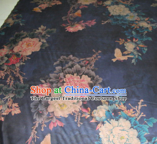 Asian Chinese Cheongsam Classical Peony Pattern Navy Gambiered Guangdong Gauze Satin Drapery Brocade Traditional Brocade Silk Fabric