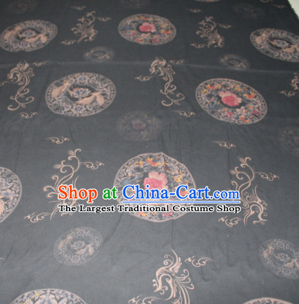 Chinese Traditional Cheongsam Classical Cranes Peony Pattern Black Gambiered Guangdong Gauze Asian Satin Drapery Brocade Silk Fabric