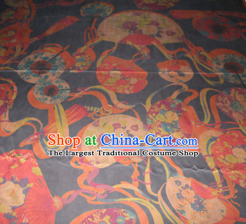 Chinese Traditional Cheongsam Classical Fans Pattern Black Gambiered Guangdong Gauze Asian Satin Drapery Brocade Silk Fabric