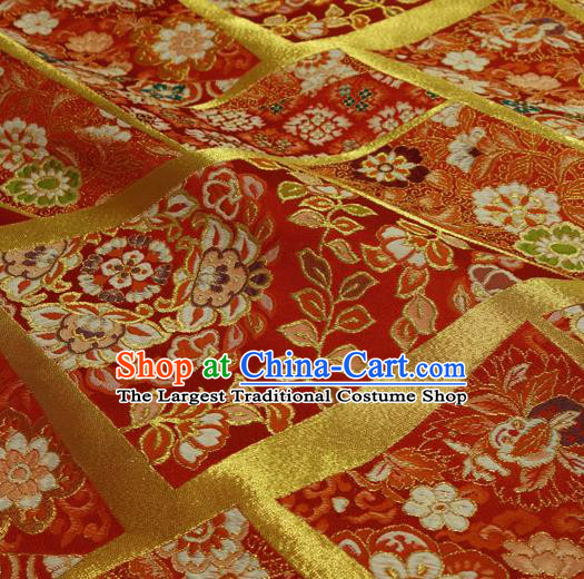 Japanese Traditional Kimono Classical Flowers Pattern Red Brocade Damask Asian Japan Nishijin Satin Drapery Silk Fabric