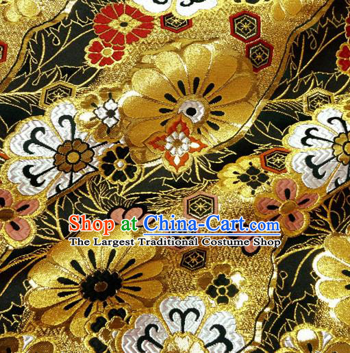 Japanese Traditional Kimono Classical Daisy Pattern Black Brocade Damask Asian Japan Nishijin Satin Drapery Silk Fabric