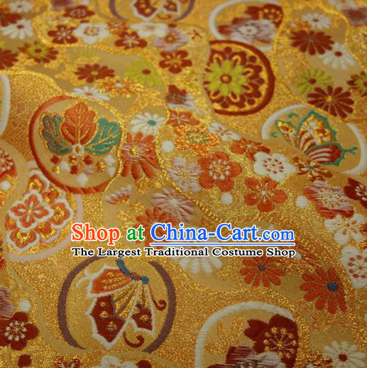 Japanese Traditional Kimono Classical Butterfly Flowers Pattern Golden Brocade Damask Asian Japan Nishijin Satin Drapery Silk Fabric