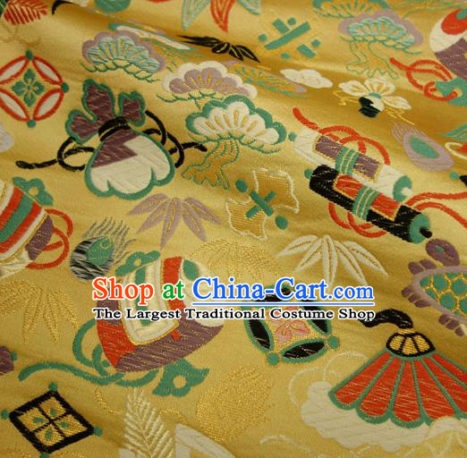 Japanese Traditional Kimono Classical Fans Pattern Yellow Brocade Damask Asian Japan Nishijin Satin Drapery Silk Fabric