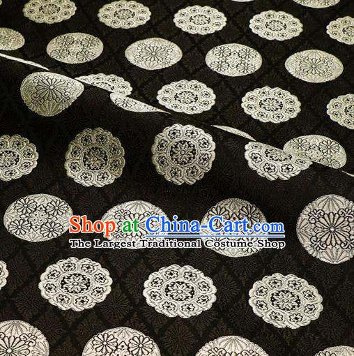 Japanese Traditional Kimono Classical Round Chrysanthemum Pattern Black Brocade Damask Asian Japan Nishijin Satin Drapery Silk Fabric