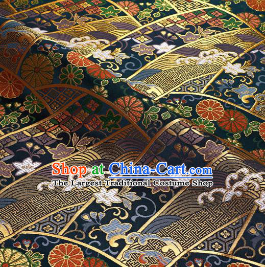 Japanese Traditional Kimono Classical Chrysanthemum Pattern Navy Brocade Damask Asian Japan Nishijin Satin Drapery Silk Fabric