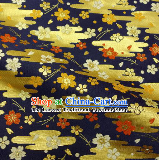 Japanese Traditional Kimono Classical Cloud Sakura Pattern Navy Blue Brocade Damask Asian Japan Nishijin Satin Drapery Silk Fabric