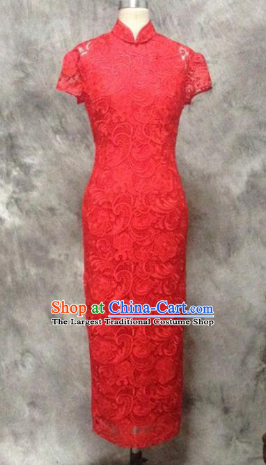 Chinese Traditional Customized Red Lace Cheongsam National Costume Classical Qipao Dress for Women