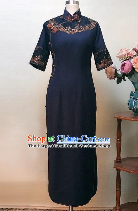 Chinese Traditional Customized Navy Silk Cheongsam National Costume Classical Qipao Dress for Women