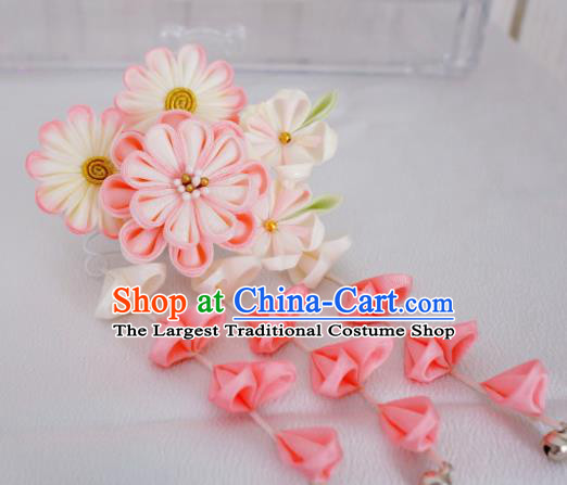 Asian Japan Geisha Pink Flowers Tassel Hair Claw Japanese Traditional Hair Accessories for Women