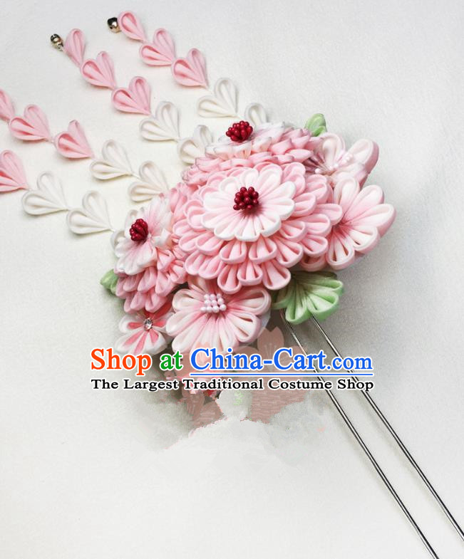 Asian Japan Traditional Geisha Pink Chrysanthemum Tassel Hairpins Japanese Kimono Hair Accessories for Women