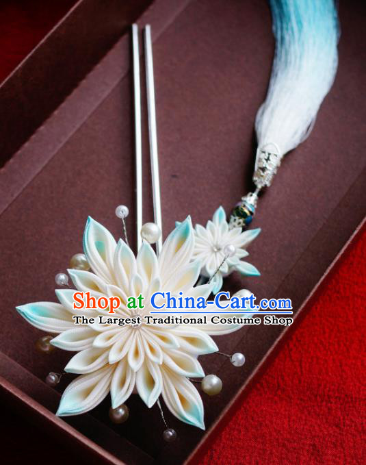 Asian Japan Traditional Geisha Blue Chrysanthemum Tassel Hairpins Japanese Kimono Hair Accessories for Women