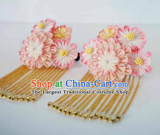 Asian Japan Traditional Geisha Pink Chrysanthemum Tassel Hair Claw Japanese Kimono Hair Accessories for Women