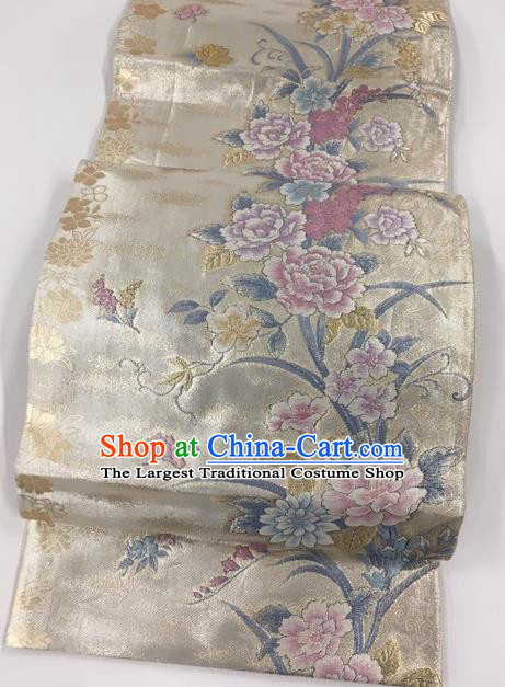 Traditional Japanese Classical Peony Orchid Pattern Beige Waistband Kimono Brocade Accessories Yukata Belt for Women