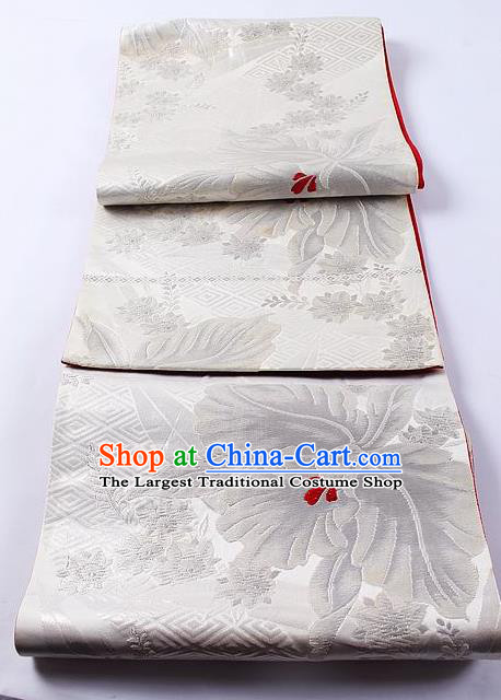 Traditional Japanese Classical Peony Pattern White Waistband Kimono Brocade Accessories Yukata Belt for Women