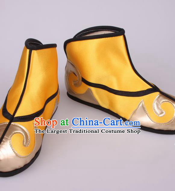 Traditional Chinese Beijing Opera Takefu Yellow Boots Handmade Ancient Swordsman Shoes for Men