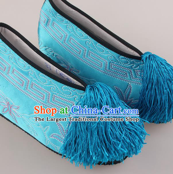 Traditional Chinese Beijing Opera Diva Blue Height Embroidered Shoes Handmade Ancient Princess Blood Stained Shoes for Women